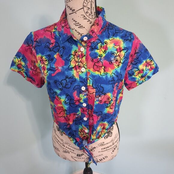 Grateful Dead Shirt Womens Small Tie Dye Tie Front Crop Button Up Dancing Bears - Picture 1 of 5